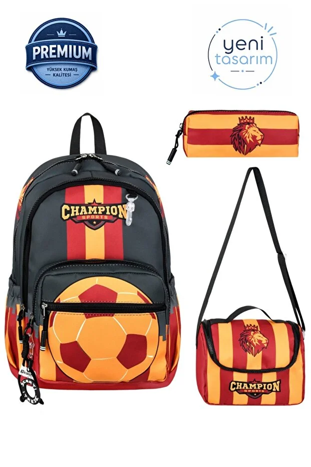 Sarı Kırmızı Futbol Top Şampiyon Desenli Erkek Çocuk Lüks Üçlü Su Geçirmez Okul Çanta Aslan 
